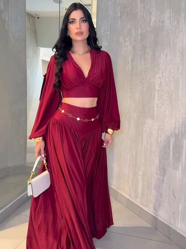 Summer Women's Pleated Cropped Top Wide Leg Pants Two-Piece Set