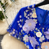 Women Summer French V-Neck Lantern Sleeve Embroidered Mesh Puff Sleeve Dress