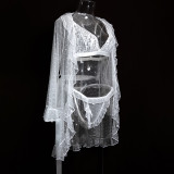 Women's Sexy Polka Dot See-Through Lace Ruffle Robe Three-Piece Lingerie