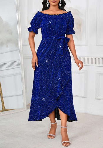 Women's Party Solid Glitter Off Shoulder Short Sleeve Slim Waist A-Line Dress