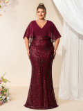 Autumn Winter Women's Chic Career Formal Plus Size Chiffon Patchwork Sequin V-Neck Short Sleeve Evening Gown