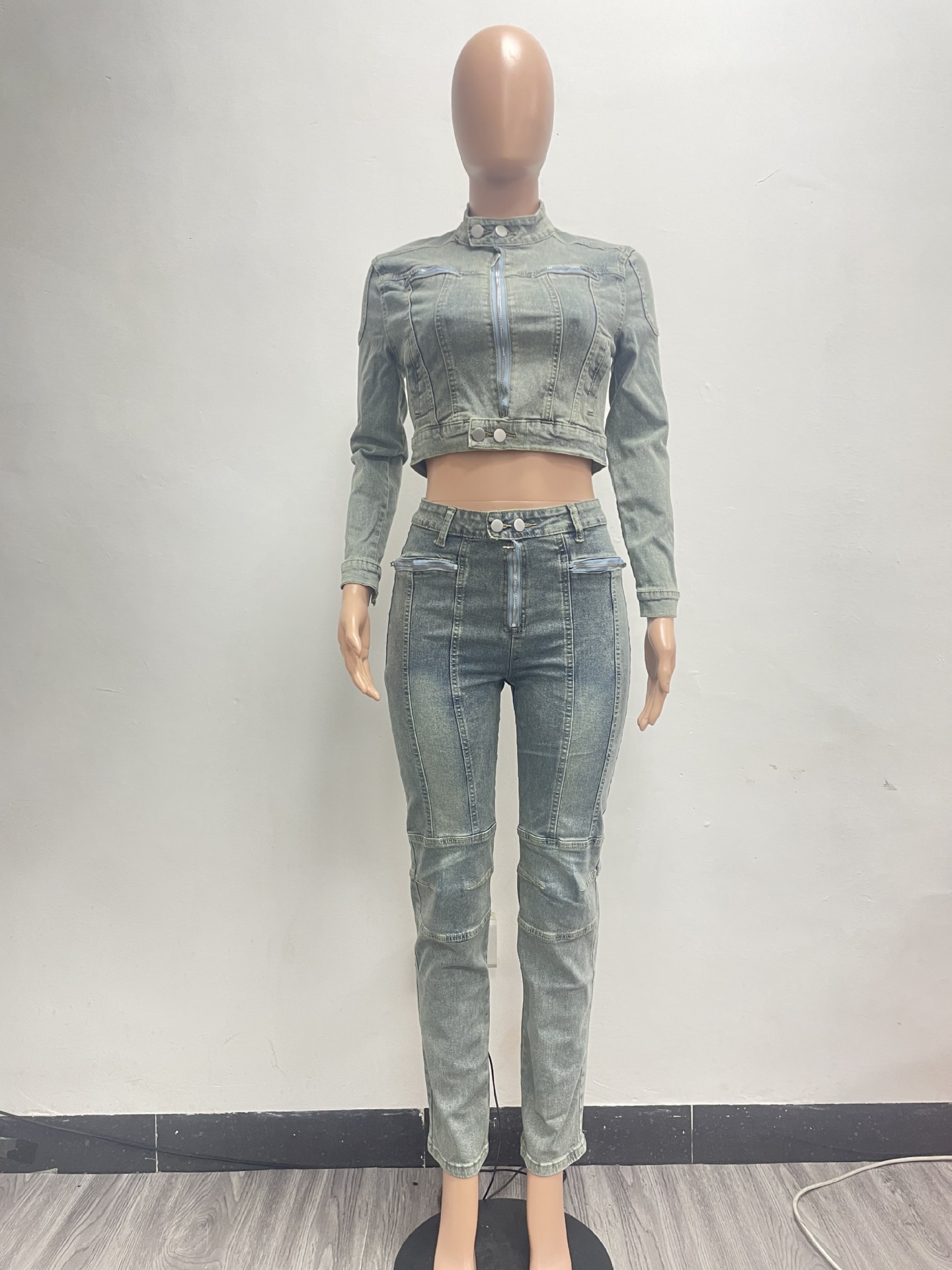 Women's Fashion Sexy Casual High Stretch Patchwork Washed Denim Two-Piece Pants Set