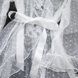 Women's Sexy Polka Dot See-Through Lace Ruffle Robe Three-Piece Lingerie