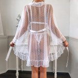 Women's Sexy Polka Dot See-Through Lace Ruffle Robe Three-Piece Lingerie