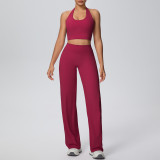 Women Solid Halter Neck Top and Wide-Leg Pants Yoga Sports Running Fitness Two-Piece Set