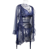 Women's Sexy Polka Dot See-Through Lace Ruffle Robe Three-Piece Lingerie