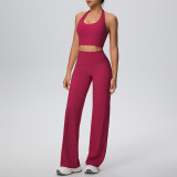 Women Solid Halter Neck Top and Wide-Leg Pants Yoga Sports Running Fitness Two-Piece Set