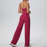 Women Solid Halter Neck Top and Wide-Leg Pants Yoga Sports Running Fitness Two-Piece Set