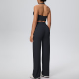 Women Solid Halter Neck Top and Wide-Leg Pants Yoga Sports Running Fitness Two-Piece Set