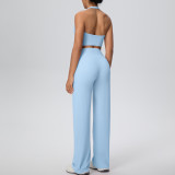 Women Solid Halter Neck Top and Wide-Leg Pants Yoga Sports Running Fitness Two-Piece Set