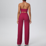 Women Solid Halter Neck Top and Wide-Leg Pants Yoga Sports Running Fitness Two-Piece Set