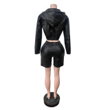 Women's Leather Hooded Long Sleeve Shorts Set