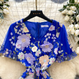 Women Summer French V-Neck Lantern Sleeve Embroidered Mesh Puff Sleeve Dress