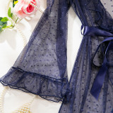 Women's Sexy Polka Dot See-Through Lace Ruffle Robe Three-Piece Lingerie