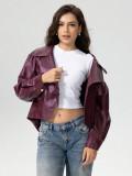 Women's Burgundy Slim Waist Short Turndown Collar Metal Button PU Leather Jacket
