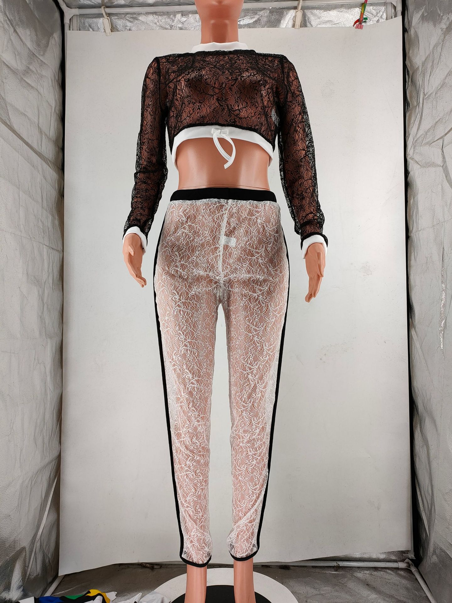 Autumn Women's Sexy Lace Long Sleeve Crop Two-Piece Pants Set