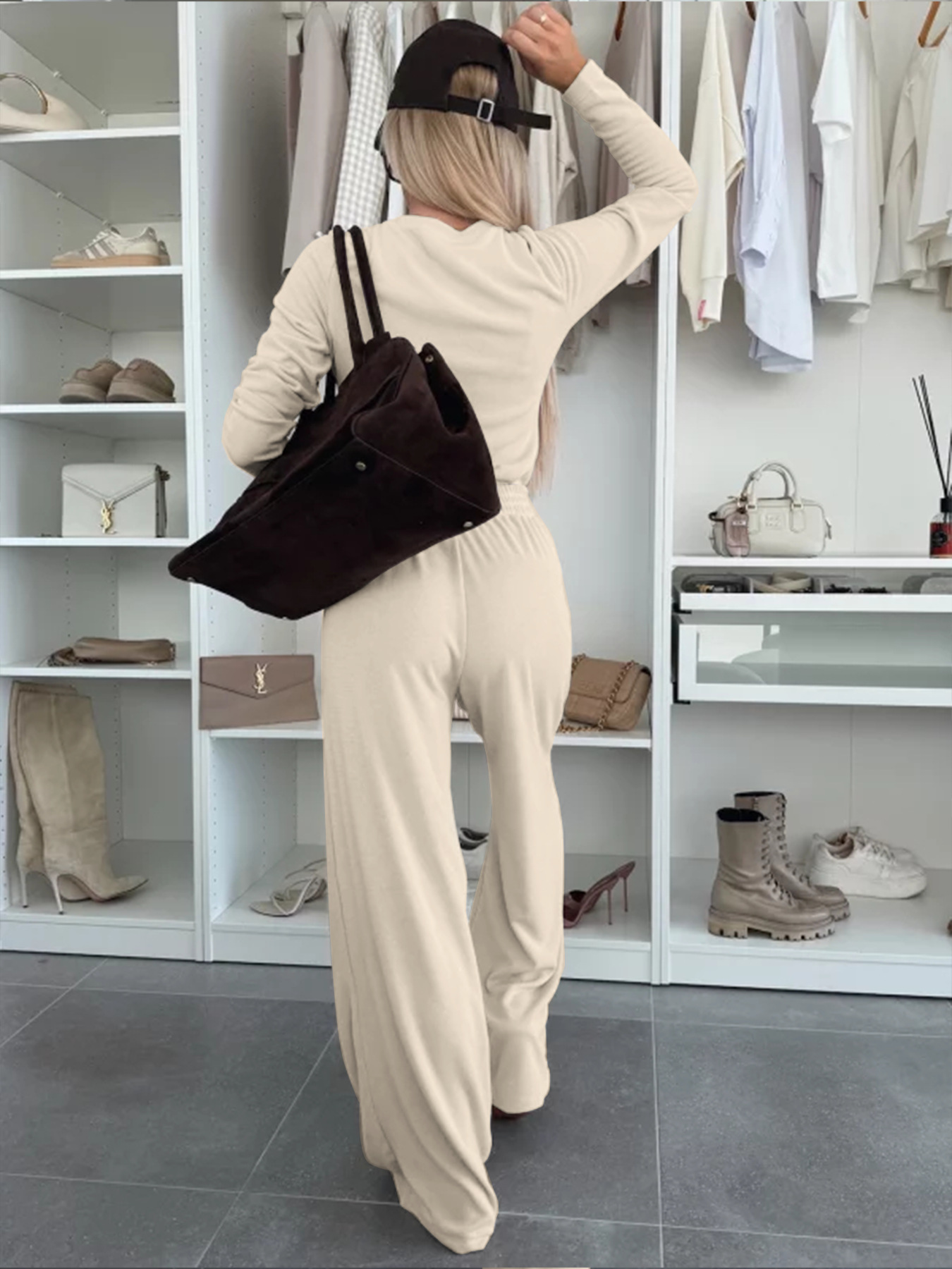 Women's Fashion Solid Color Round Neck Long Sleeve Casual Two Piece Pants Set