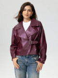 Women's Burgundy Slim Waist Short Turndown Collar Metal Button PU Leather Jacket