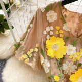 Women Summer French V-Neck Lantern Sleeve Embroidered Mesh Puff Sleeve Dress