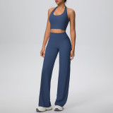 Women Solid Halter Neck Top and Wide-Leg Pants Yoga Sports Running Fitness Two-Piece Set