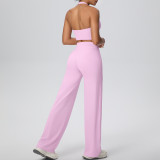Women Solid Halter Neck Top and Wide-Leg Pants Yoga Sports Running Fitness Two-Piece Set