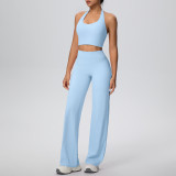 Women Solid Halter Neck Top and Wide-Leg Pants Yoga Sports Running Fitness Two-Piece Set