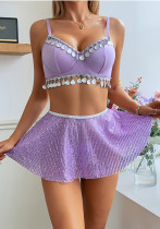 Women's Bell Shell Sequins Sexy Skirt Three-Piece Lingerie