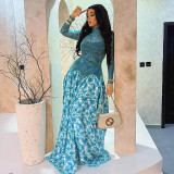 Women's Print Patchwork Sheer High Neck Elastic Long Sleeve A-Line Dress