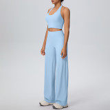 Women Solid Halter Neck Top and Wide-Leg Pants Yoga Sports Running Fitness Two-Piece Set