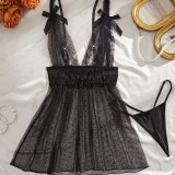 Women's Sexy Black Polka Dot Mesh Lace Patchwork See-Through Thong Strap Nightdress Set