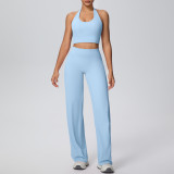 Women Solid Halter Neck Top and Wide-Leg Pants Yoga Sports Running Fitness Two-Piece Set
