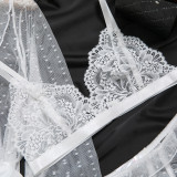 Women's Sexy Polka Dot See-Through Lace Ruffle Robe Three-Piece Lingerie