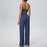 Women Solid Halter Neck Top and Wide-Leg Pants Yoga Sports Running Fitness Two-Piece Set