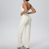 Women Solid Halter Neck Top and Wide-Leg Pants Yoga Sports Running Fitness Two-Piece Set