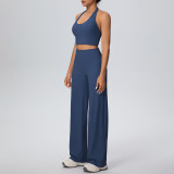 Women Solid Halter Neck Top and Wide-Leg Pants Yoga Sports Running Fitness Two-Piece Set