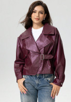 Women's Burgundy Slim Waist Short Turndown Collar Metal Button PU Leather Jacket