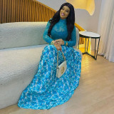 Women's Print Patchwork Sheer High Neck Elastic Long Sleeve A-Line Dress