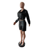 Women's Leather Hooded Long Sleeve Shorts Set