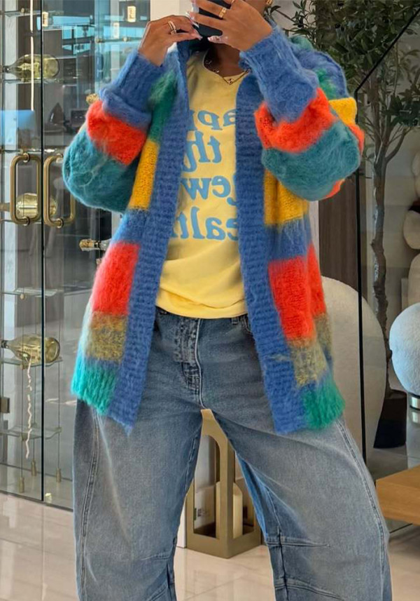 Women's Casual Multi-Color Striped Knitting Loose Coat