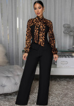 Women's Elegant Leopard Print Patchwork Tie Waist Wide Leg Jumpsuit