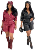 Women's Leather Hooded Long Sleeve Shorts Set