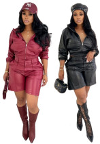 Women's Leather Hooded Long Sleeve Shorts Set Women's Leather Hooded Long Sleeve Shorts Set