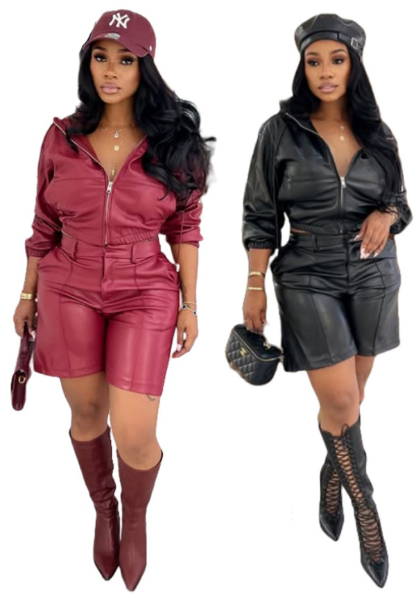 Women's Leather Hooded Long Sleeve Shorts Set