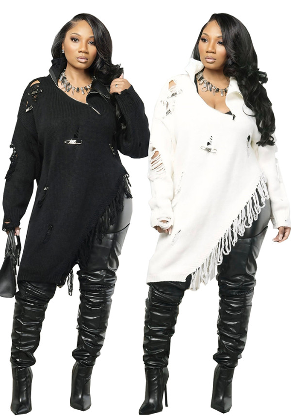 Autumn/Winter Women's Half-Zip High-Neck Brooch Patchwork Loose Sweater