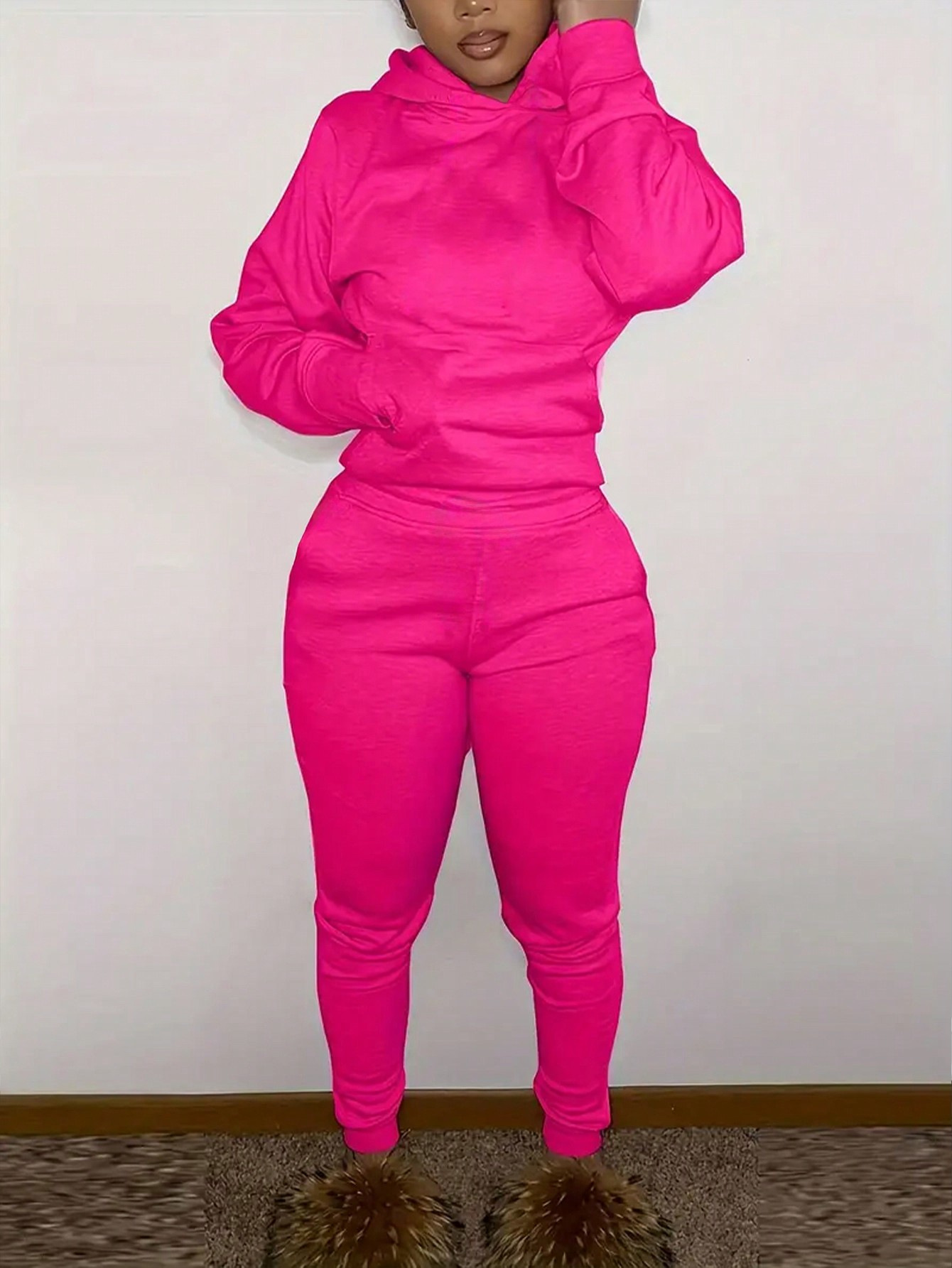 Women Solid Hoodies and Pant Two-Piece Set