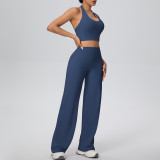 Women Solid Halter Neck Top and Wide-Leg Pants Yoga Sports Running Fitness Two-Piece Set