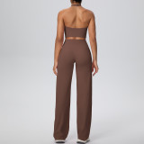 Women Solid Halter Neck Top and Wide-Leg Pants Yoga Sports Running Fitness Two-Piece Set