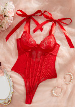 Women's Mesh Lace Print Bow Tie Straps Push-Up Slim Fit Bodysuit