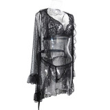 Women's Sexy Polka Dot See-Through Lace Ruffle Robe Three-Piece Lingerie