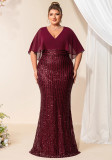 Autumn Winter Women's Chic Career Formal Plus Size Chiffon Patchwork Sequin V-Neck Short Sleeve Evening Gown